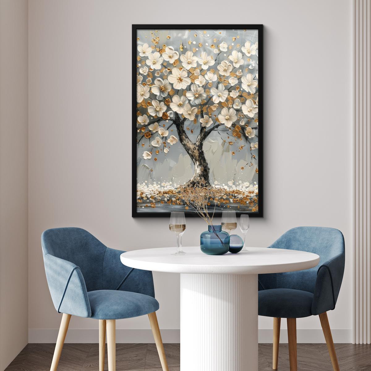 POSTER MIT RAHMENGERAHMTES BILD Baum - Blumen - Weiß - Natur - Kunst 60x90 cm - Weiß, Papier (60/90cm) - MuchoWow