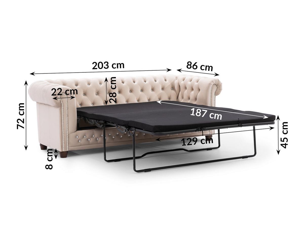 CHESTERFIELD-SOFA 3-Sitzer mit Schlaffunktion Cleo Blink Beige Samt mit Kristallsteppung und braunen Massivholzfüßen - Beige/Braun, Holz/Textil (203/72/86cm) - S-Style