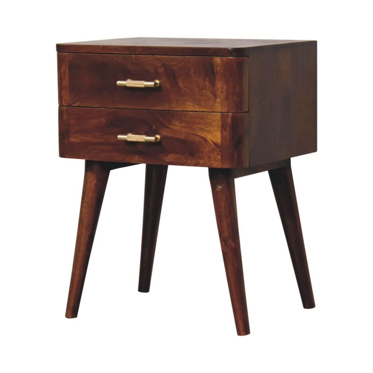 NACHTTISCH T-Bar, 2 Schubladen, Nordischer Stil, braun - Messingfarben/Braun, Mangoholz/Holz (45/58/35cm) - Artisan Furniture