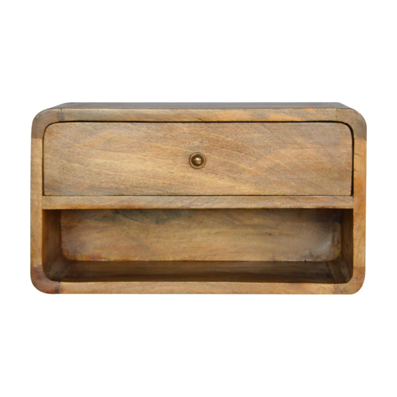 NACHTTISCH aus Massivholz, Wandmontiert, 1 Schublade, 1 offenes Regal, Beige - Eichefarben/Messingfarben, Holz/Metall (45/25/32cm) - Artisan Furniture