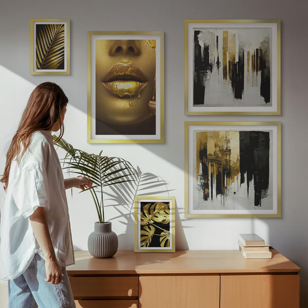 BILDER SET 5er Set - 50x50 cm & 20x30 cm & 40x60 cm Goldrahmen - Sonnenuntergangsbrücke Landschaft - Goldfarben, Kunststoff (40/60cm) - TULUP