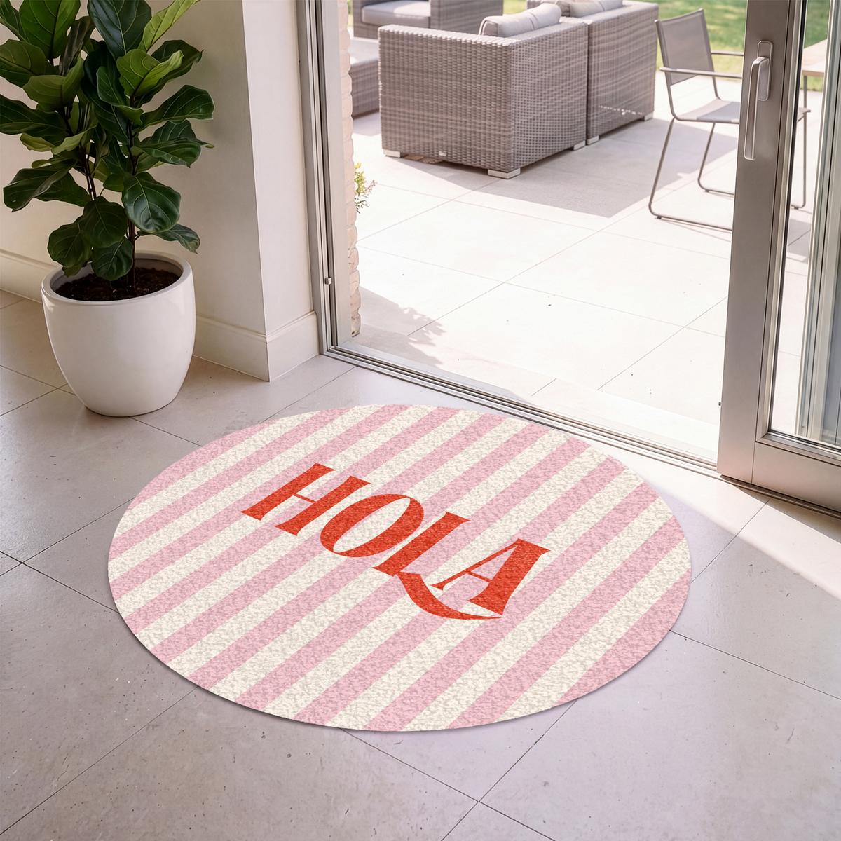 FUSSMATTE Hola - Zitat - Streifen - Pastell - Rosa - Rot - Weiß Schmutzfangmatte 120x120 cm - Rosa, Kunststoff (120/0.4cm) - MuchoWow
