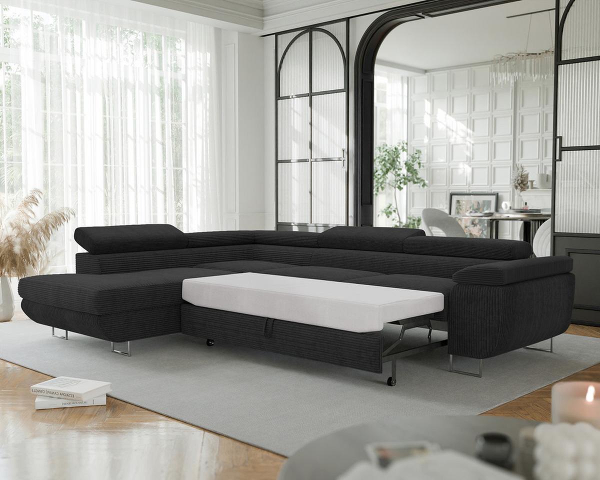 ECKSOFA ANTON links, mit Schlaffunktion und Bettkasten Anthrazit - Chromfarben/Anthrazit, Textil/Metall (274/203cm) - Idohome
