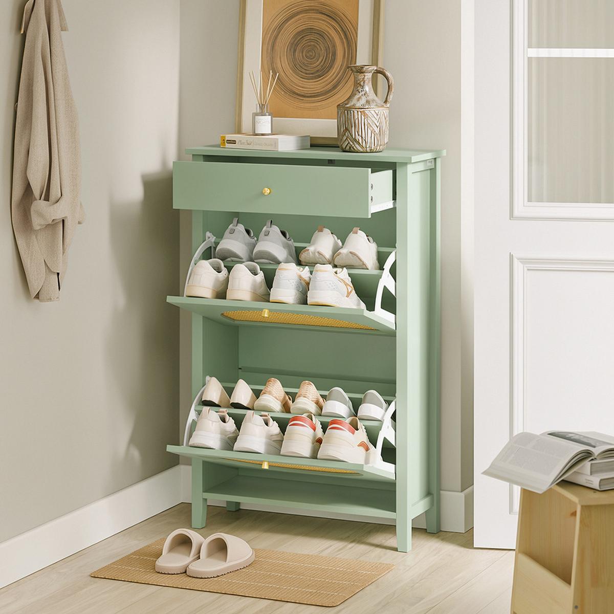 SCHUHSCHRANK mit 2 Klappen und 1 Schublade Grün 62x25x97cm - Grün, Holzwerkstoff (62/97/25cm) - SoBuy