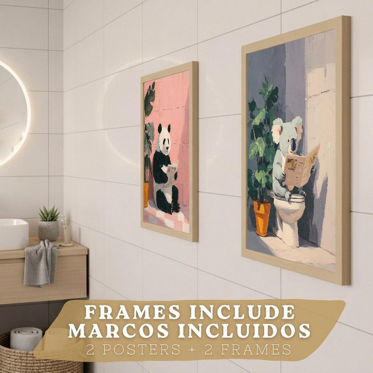 POSTER 2er-Set dekorative Badezimmer-Kunstdrucke und lustige für Wand, Toilette mit lesenden Tieren im Badezimmer, Stil Leichter Holzrahmen A3 - Beige, Papier (42/29.7/3cm) - Nacnic
