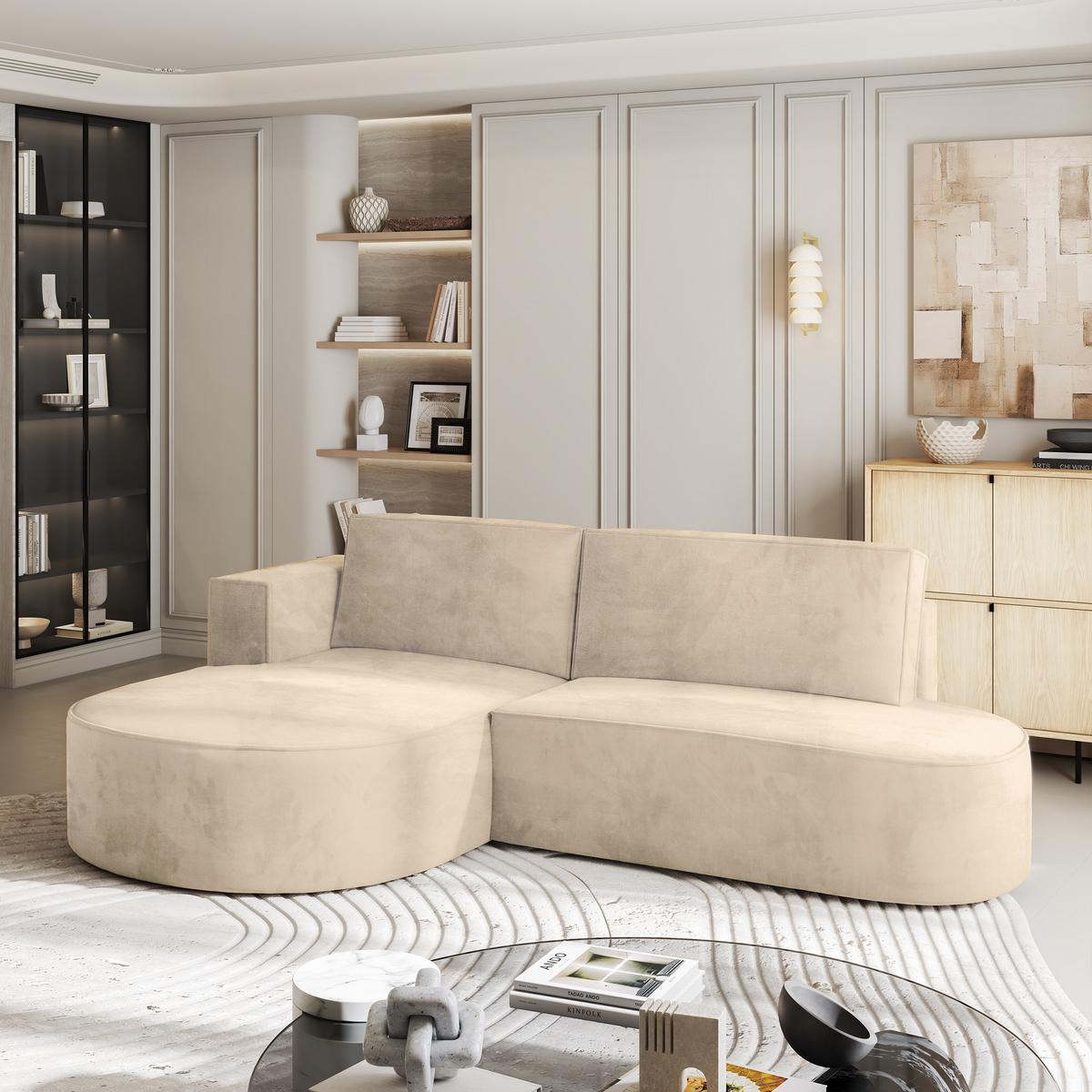 ECKSOFA CORTIO M L-S Creme Velours-Stoff mit Schlaffunktion - Creme/Grau, Holz/Kunststoff (265/174cm) - MASSENO