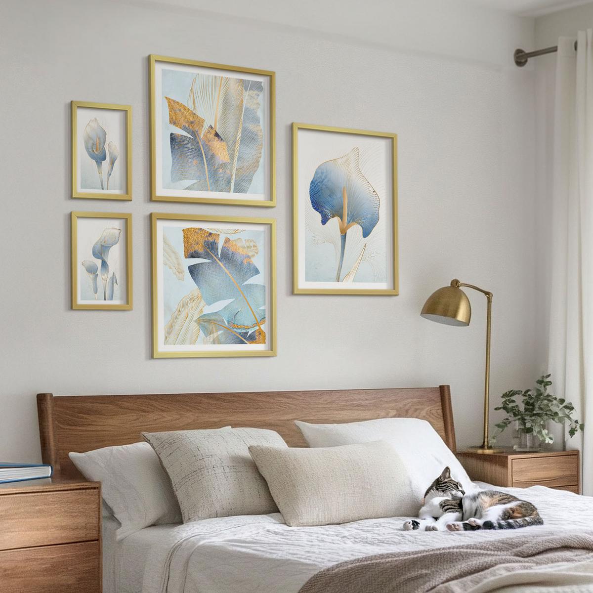 BILDER SET 5er Set - 50x50 cm & 20x30 cm & 40x60 cm Goldrahmen - Blaue Blumen im Hintergrund - Goldfarben, Kunststoff (40/60cm) - TULUP