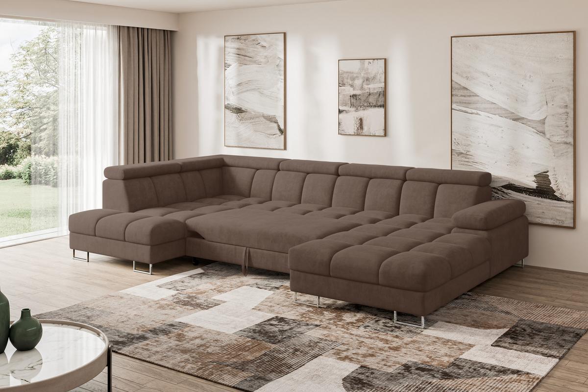 WOHNLANDSCHAFT mit Schlaffunktion und Bettkasten Ottomane Links COMA U 345x203x79 Braun Velours - Braun, Holzwerkstoff/Textil (345/79/203cm) - ALTDECOR