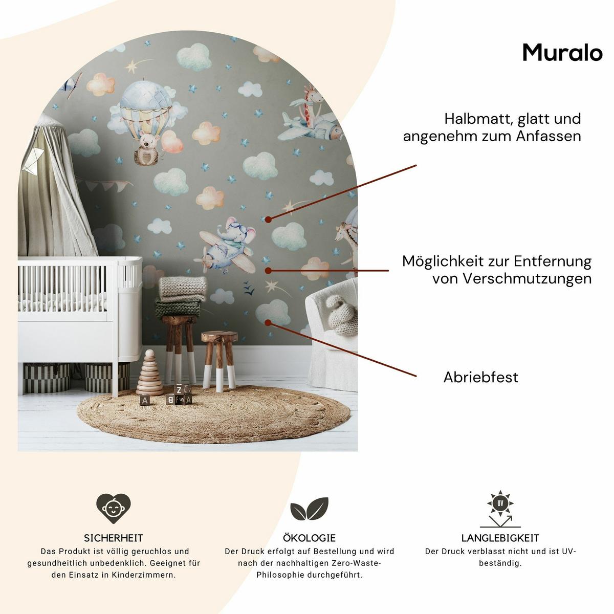 WANDAUFKLEBER SET für Kinder Tiere Wolken Flugzeuge Sterne 60x30 - Gelb/Beige, Papier (60/30/1cm) - Muralo