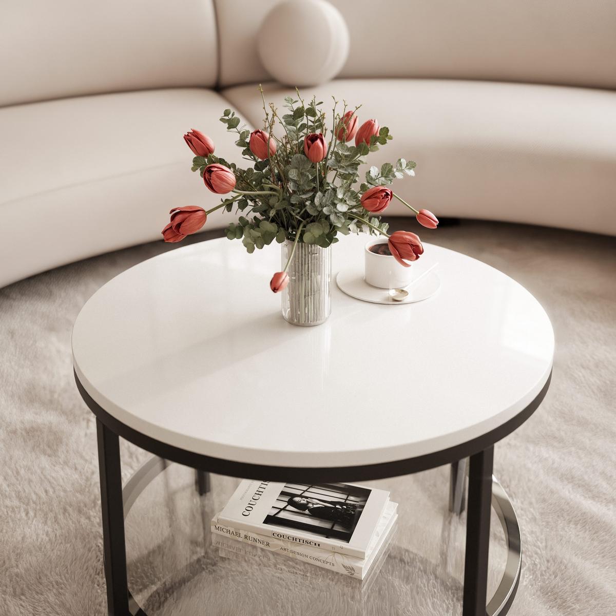 COUCHTISCH CANDY 60/42 cm runden, Schwarz / Weiß Hochglanz - Weiß Hochglanz/Schwarz, Glas/Metall (60/60/42cm) - Idohome