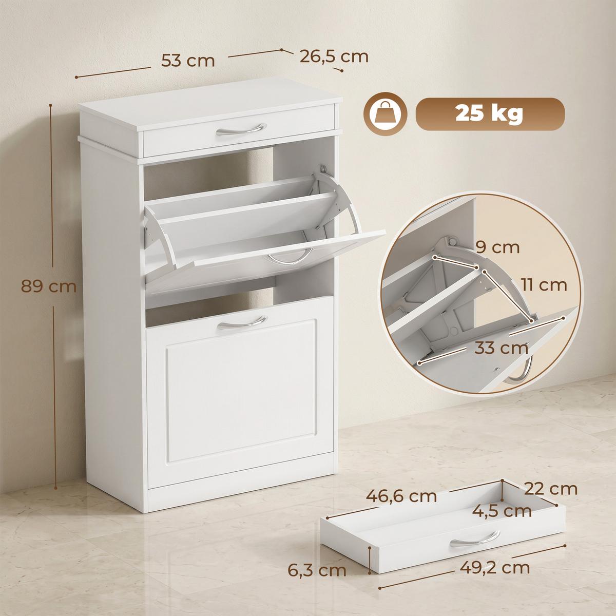 SCHUHSCHRANK MDF Weiß - Weiß/Nickelfarben, Holzwerkstoff/Metall (26.5/89/53cm) - HOMCOM