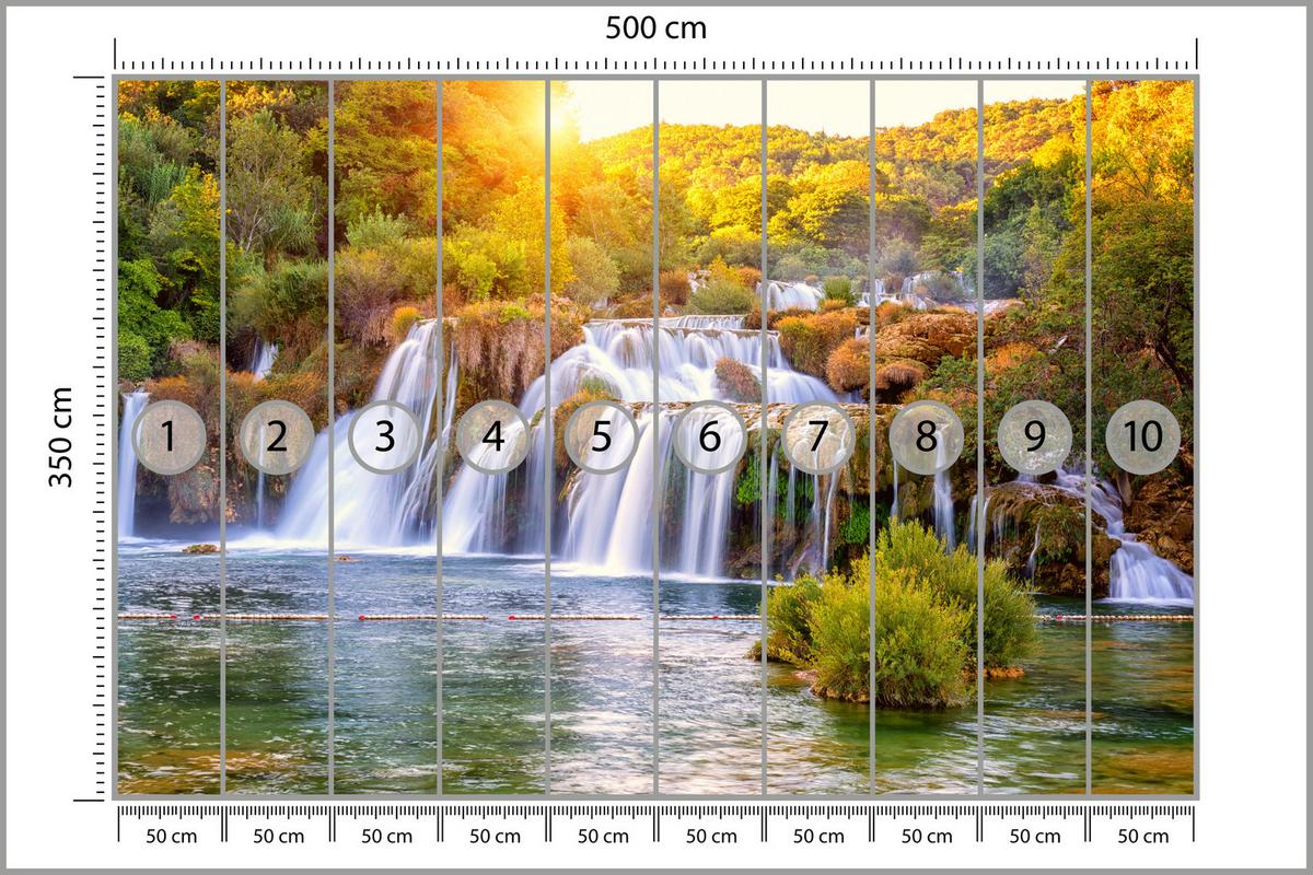 FOTOTAPETE für Esszimmer Wasserfall Sonnenaufgang Morgenlicht Bäume 500x350 - Gelb/Beige, Papier (500/350cm) - Muralo
