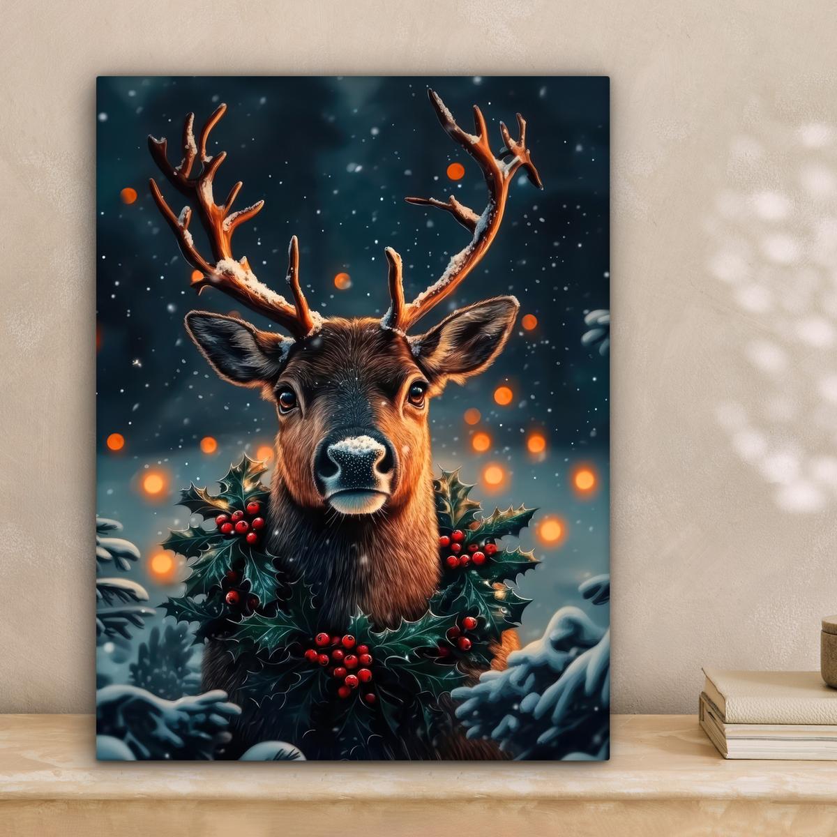 LEINWANDBILD Hirsch - Weihnachten - Winter - Schnee - Weihnachtskranz Room Decor 30x40 cm - Dunkelbraun, Textil (30/40cm) - MuchoWow