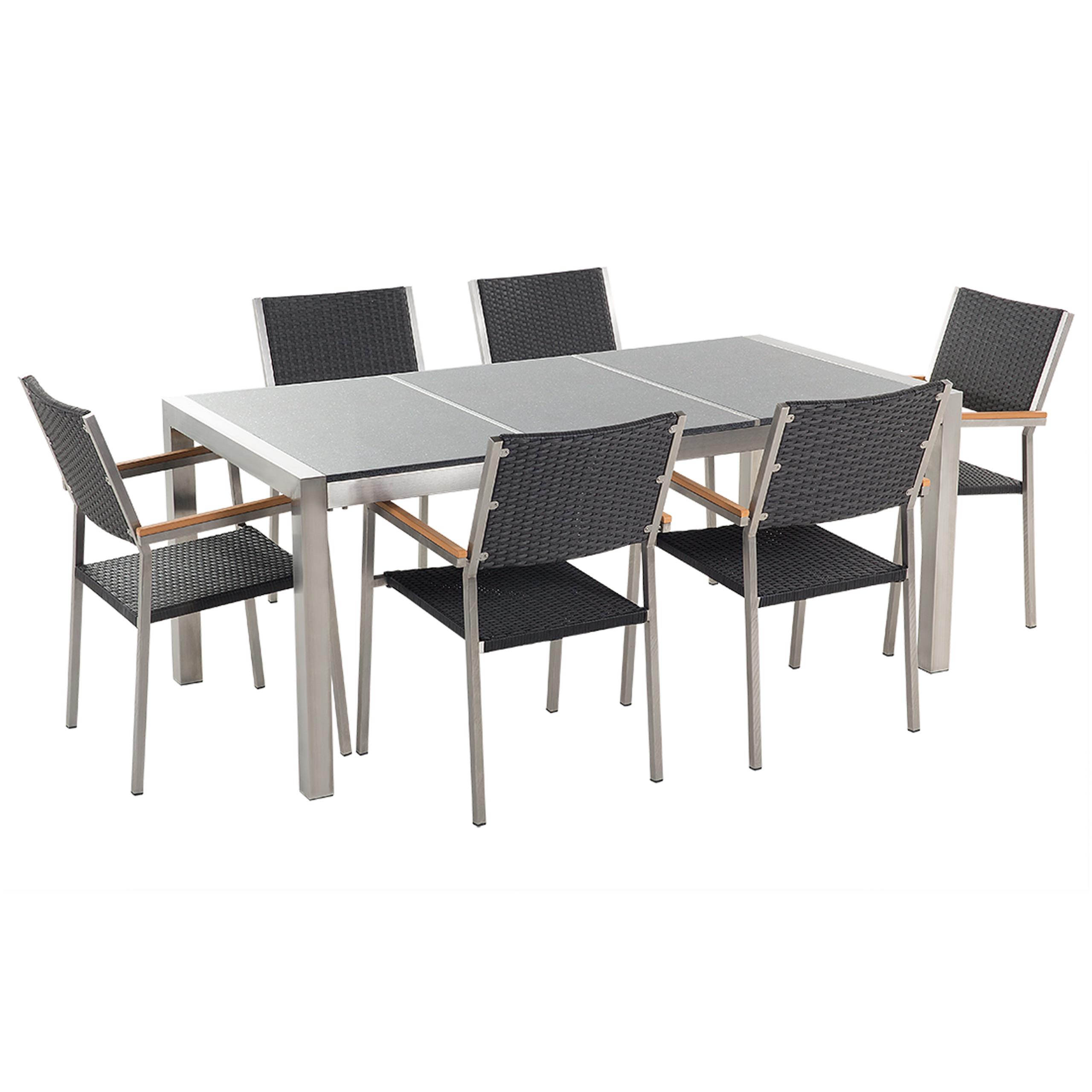 GARTENMÖBEL SET 6-Sitzer Granit grau poliert Rattan Grosseto - Silberfarben/Schwarz, Metall - Beliani