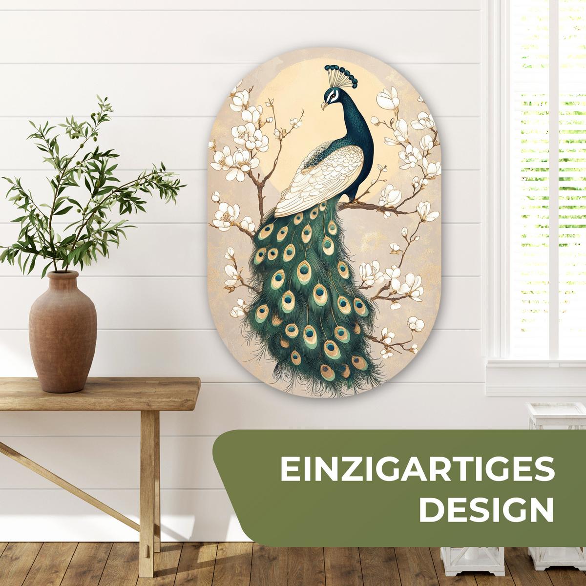 WANDBILD Pfau - Zweig - Blumen Wanddeko Schlafzimmer 60x90 cm - Champagner, Kunststoff (60/90cm) - MuchoWow