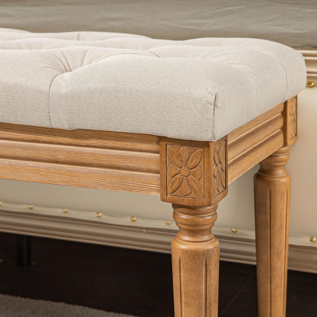 SITZBANK, Polsterbank mit Leinenoptik, Holzbeine für Schlafzimmer, Creme - Eukalyptusholzfarben/Creme, Holz/Kunststoff (41/48/120cm) - HOMCOM