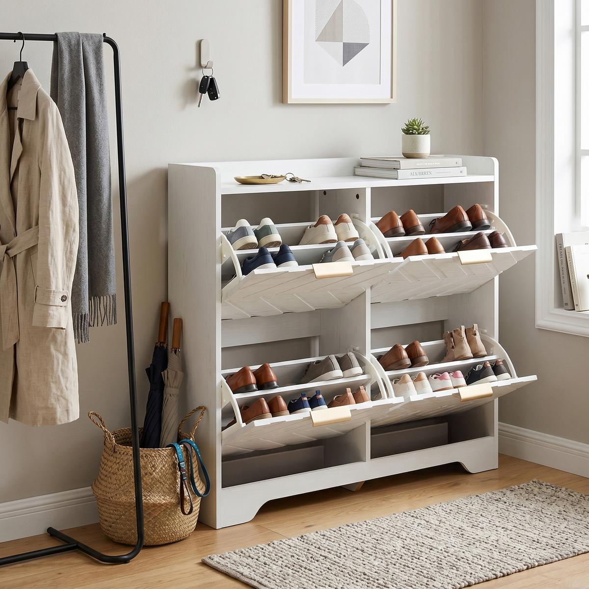 SCHUHSCHRANK mit 3d-strukturfront & 4 klappfächern - Weiß, Holzwerkstoff (105/90/24cm) - Urban Meuble