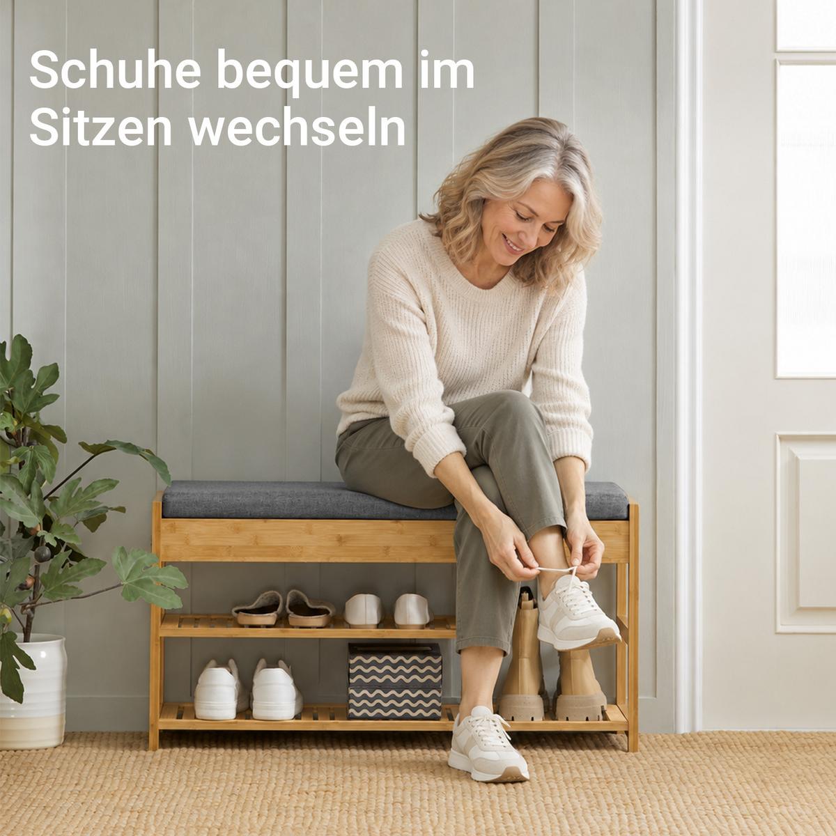 SCHUHBANK Natur, 90 x 45 x 30 cm, bis 150 kg, 2 Schubladen und 2 Fächer für Schuhe - Naturfarben, Holz (90/45/30cm) - SoBuy