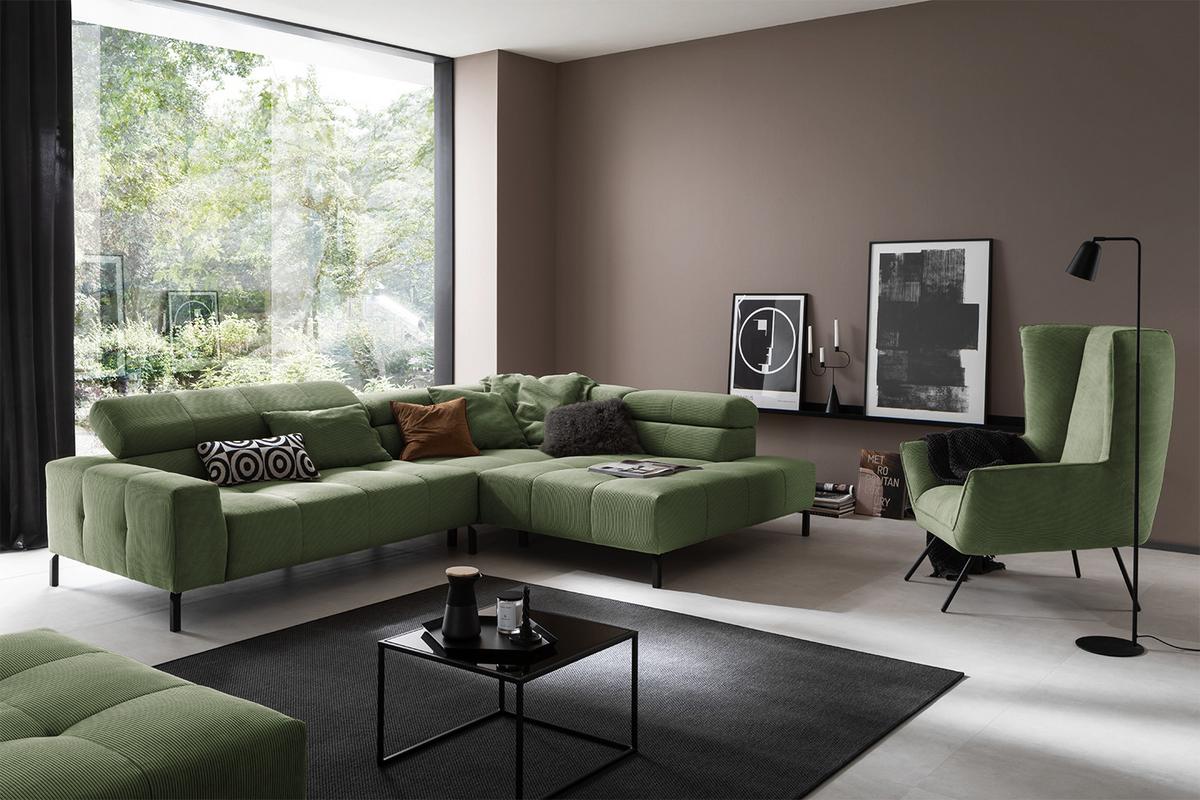 ECKSOFA MIT MOTORISCHEM SITZVORZUG OHIO Grün Cord Relaxfunktion - Schwarz/Olivgrün, Textil/Metall (311/219cm) - KAWOLA