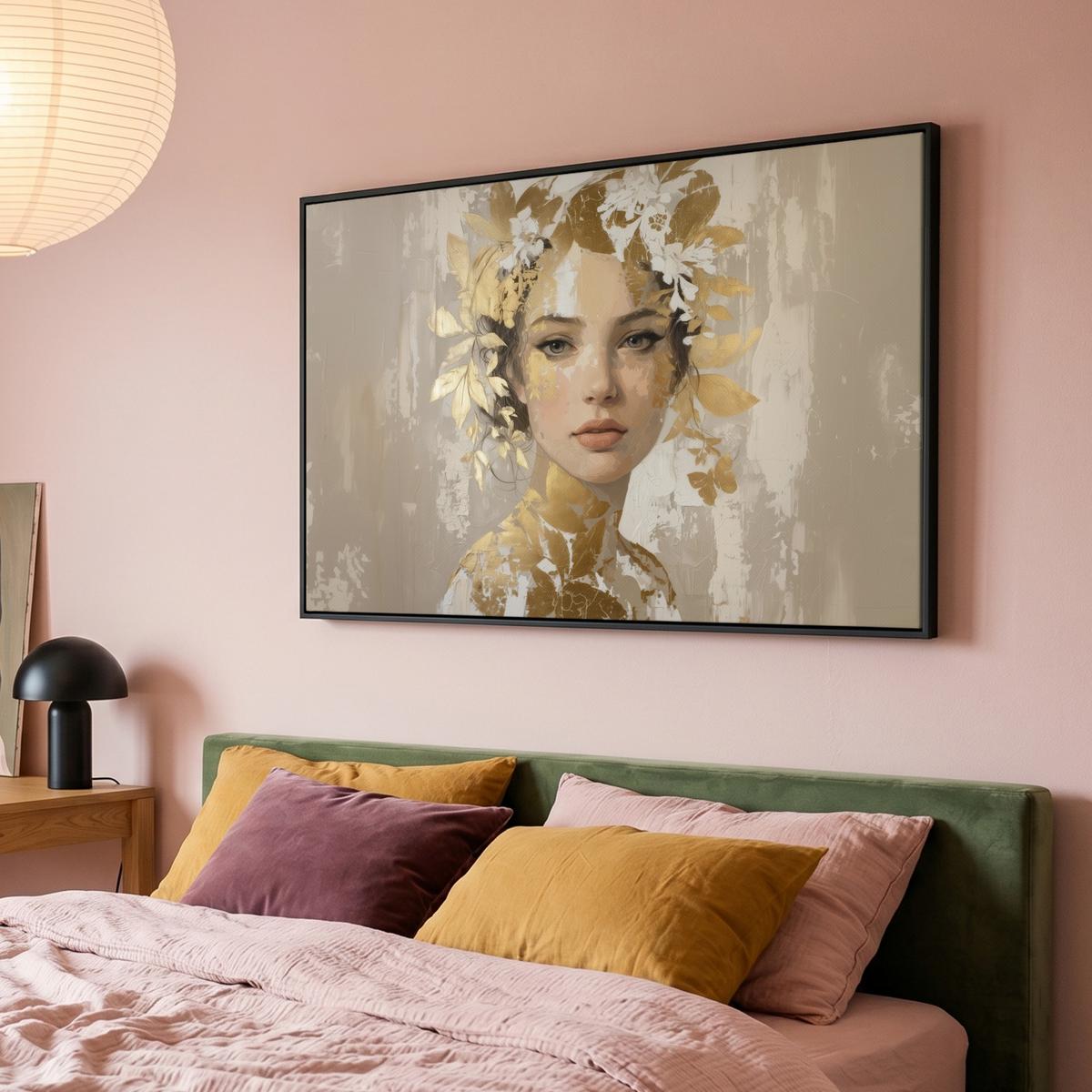 LEINWAND Bilder mit Rahmen - Gesicht - Frau - Blätter - Gold - 140x90 - Beige, Textil (140/90cm) - MuchoWow