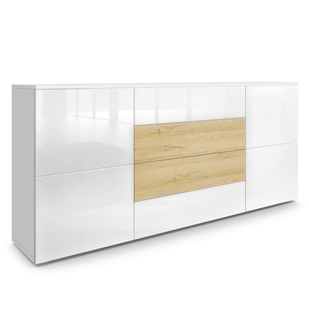 SIDEBOARD Rova Weiß Hochglanz/ Eiche Natur - Hellbraun/Weiß Hochglanz, Holzwerkstoff (166/72/35cm) - Vladon