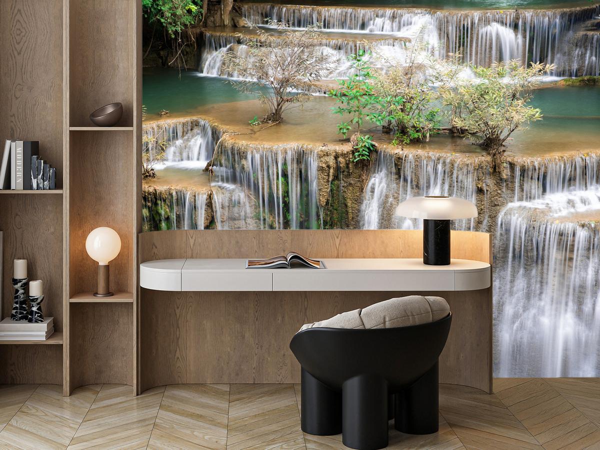 FOTOTAPETE für Wohnzimmer Wasserfall Panorama Pflanzen Natur 250x175 - Blau/Beige, Papier (250/175cm) - Muralo