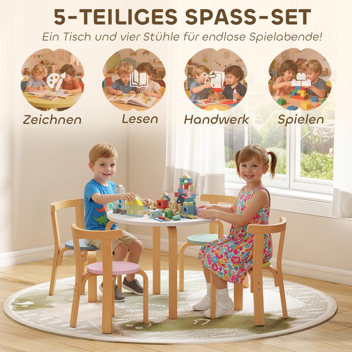 KINDERSITZGRUPPE 5er Set Pappelholz Birkenfurnier Mehrfarbig - Multicolor, Holz (60/50/60cm) - AIYAPLAY