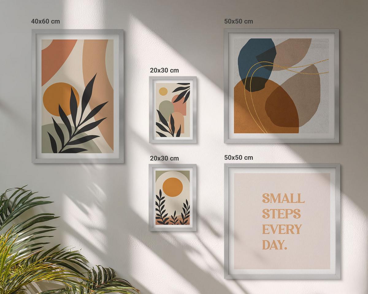BILDER SET 5er Set - 50x50 cm & 20x30 cm & 40x60 cm Silberner Rahmen - Moderne Pflanzenmotive - Silberfarben, Kunststoff (40/60cm) - TULUP