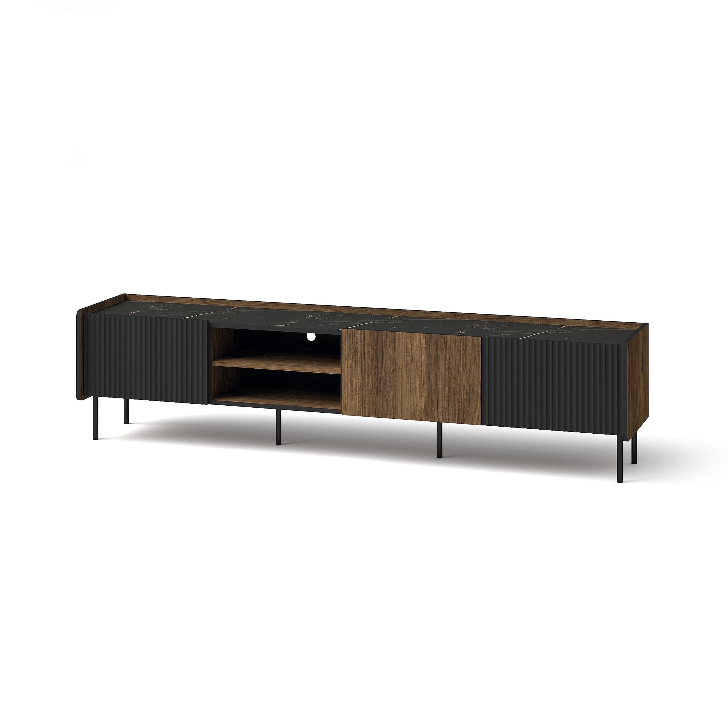 LOWBOARD Piano mit 3 Türen, Mattschwarz + Warmia-Nussbaum - Dunkelbraun/Schwarz, Holzwerkstoff (200/47/40cm) - Beautysofa