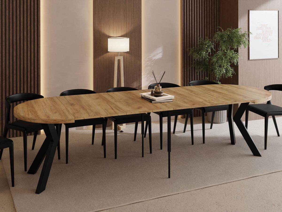ESSTISCH Savio rund ausziehbar verlängerbar XXL, Eiche Braun 100-300/100/77 cm - Eiche Wotan/Schwarz, Holz/Holzwerkstoff (100/300/77cm) - WFL GROUP