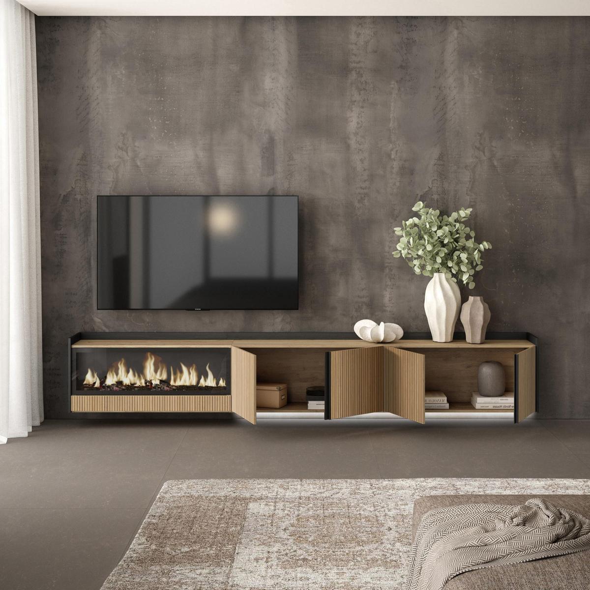 LOWBOARD, Eiche und Schwarz, 315/35/50cm, Elektrokamin XXL, Hängend, Led - Eichefarben, Holzwerkstoff (315/50/35cm) - Skraut Home