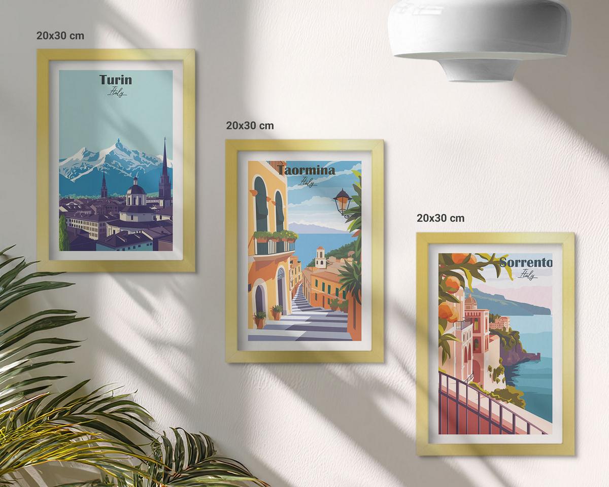 BILDER SET 3er Set - 20x30 cm Goldrahmen - Farbenfrohe Retro-Stadtansichten - Goldfarben, Kunststoff (20/30cm) - TULUP