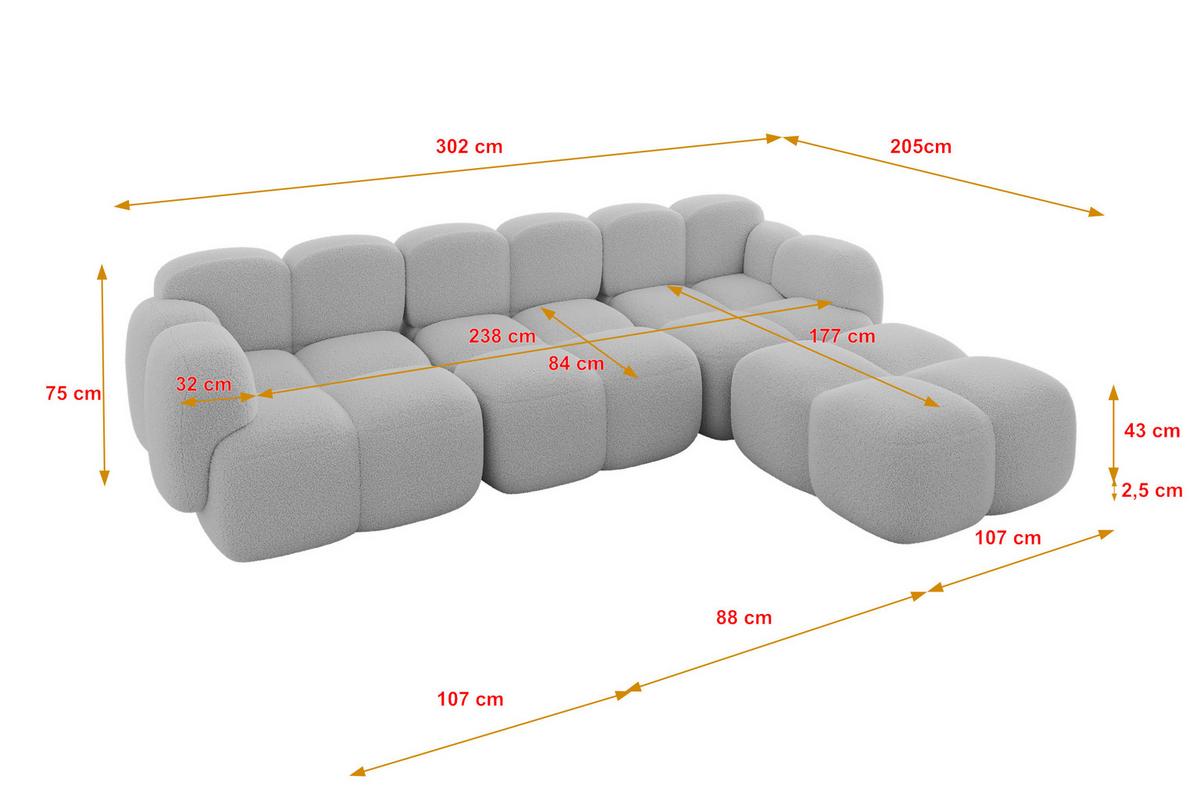ECKSOFA modulares Sofa Rechts Miko-L2 302x205x75 Hellgrau Bouclé - Edelstahlfarben/Schwarz, Holzwerkstoff/Kunststoff (302/205cm) - ALTDECOR