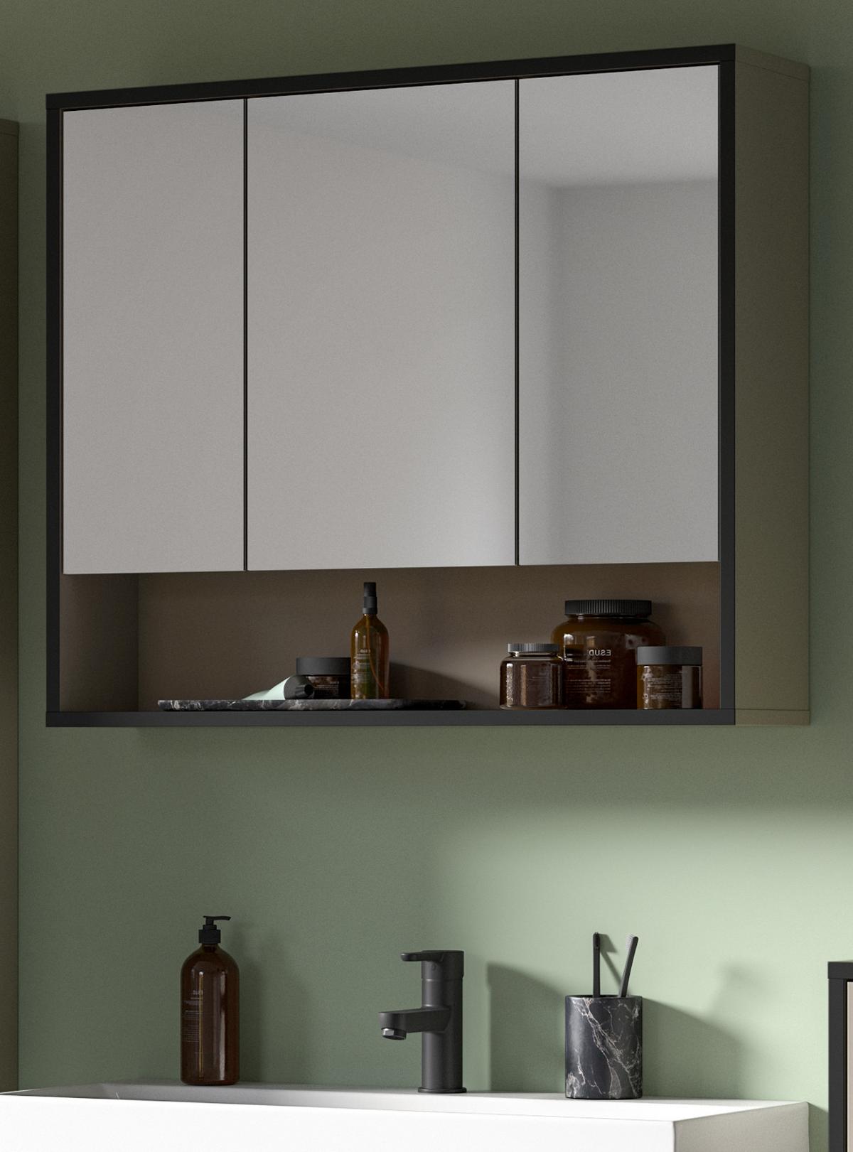 SPIEGELSCHRANK schwarz, sand 80 cm 3-türig, Badschrank mit Soft-Close - Sandfarben/Schwarz, Glas/Holzwerkstoff (80/68/19cm) - Inn.Furn