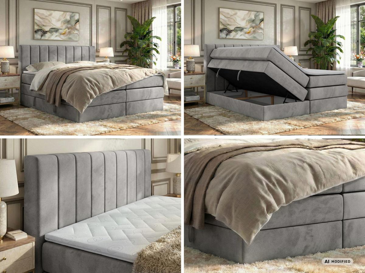 BOXSPRINGBETT ALVER KING 140/200 - Hellgrau Velvet - Topper T25 - H3 - Hellgrau/Schwarz, Kunststoff/Textil (140/200cm) - MKS