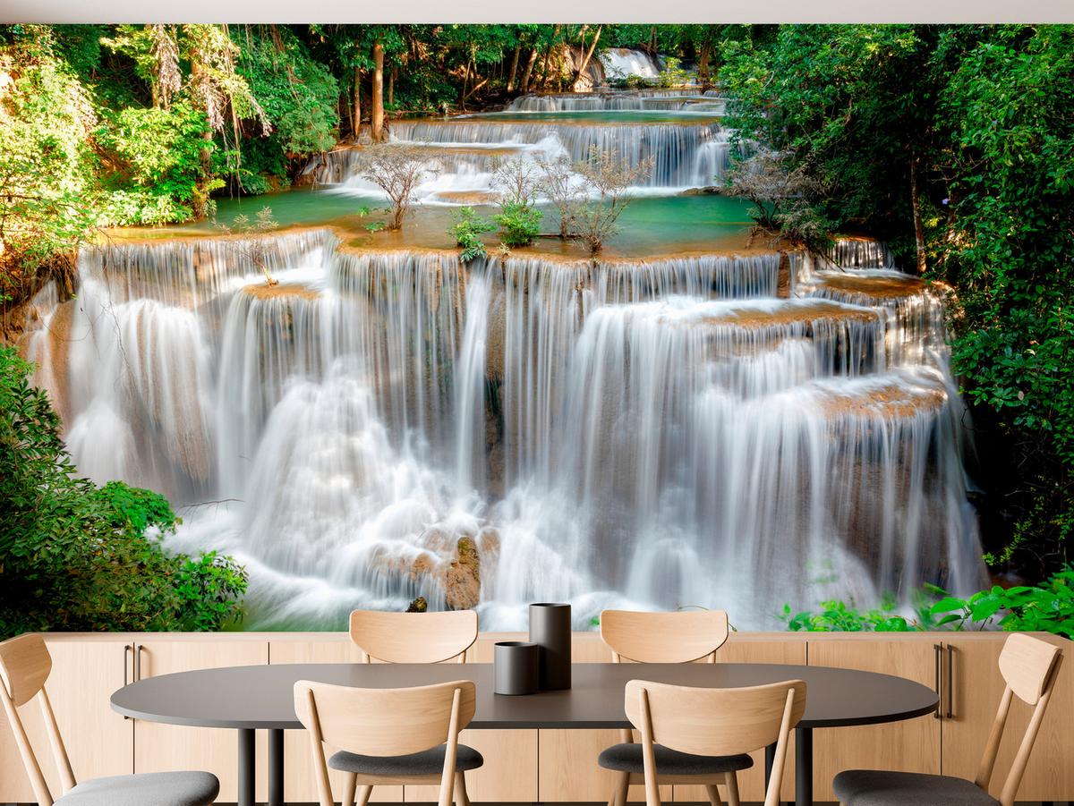 FOTOTAPETE für Esszimmer Panorama Waldwasserfall Bäume Pflanzen Natur 350x256 - Beige/Braun, Papier (350/256cm) - Muralo