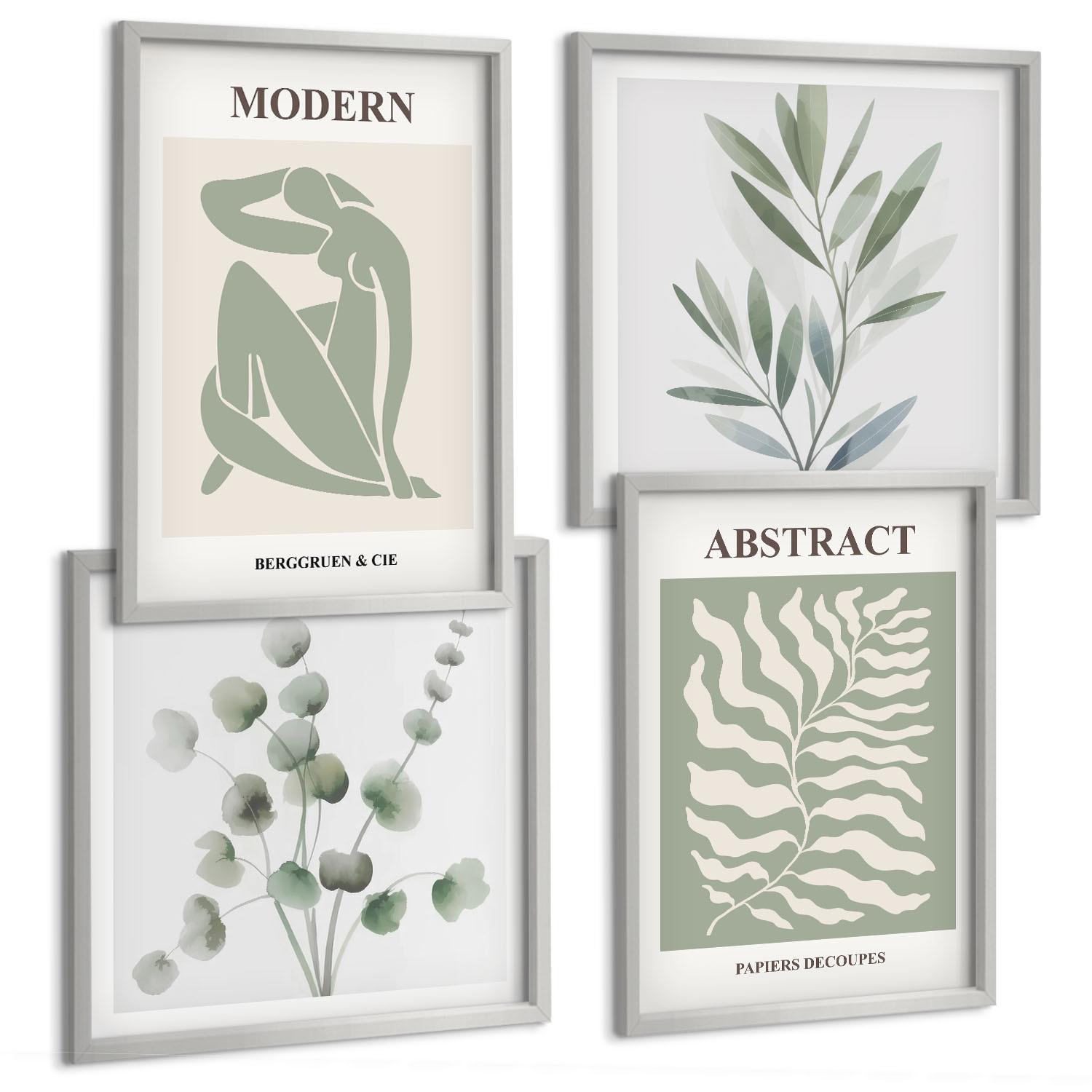 BILDER SET 4er Set - 50x50 cm & 40x60 cm Silberner Rahmen - Matisse entwirft Boho-Pflanzen - Silberfarben, Kunststoff (50/50cm) - TULUP