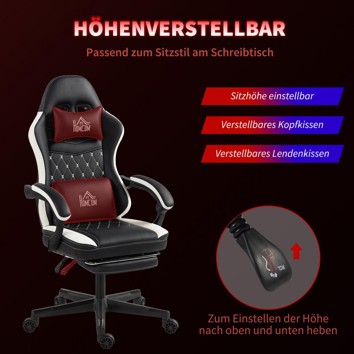 GAMING-STUHL Ergonomisch mit Lendenwirbelstütze, Fußstütze Grün - Schwarz, Kunststoff (64/128/65cm) - HOMCOM