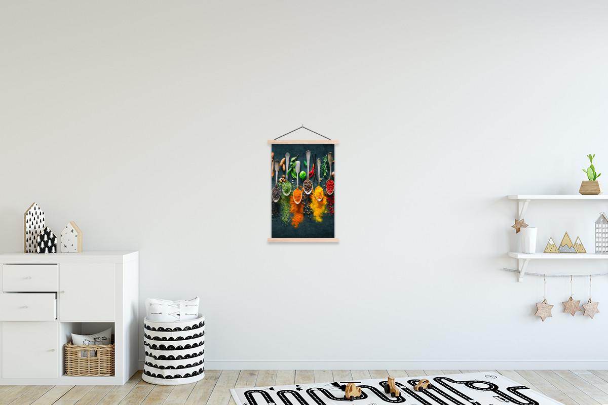 POSTER MIT MAGNETLEISTEN Kräuter - Gewürze - Löffel Deko Wohnzimmer 40x60 cm - Currygelb, Textil (40/60/0.15cm) - MuchoWow