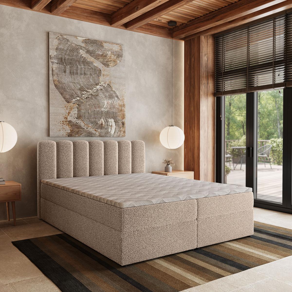 BOXBETT SOLIA 180x200 cm mit Matratze und Topper, H2+H3 - Beige - Beige, Holz (180/200cm) - MASSENO