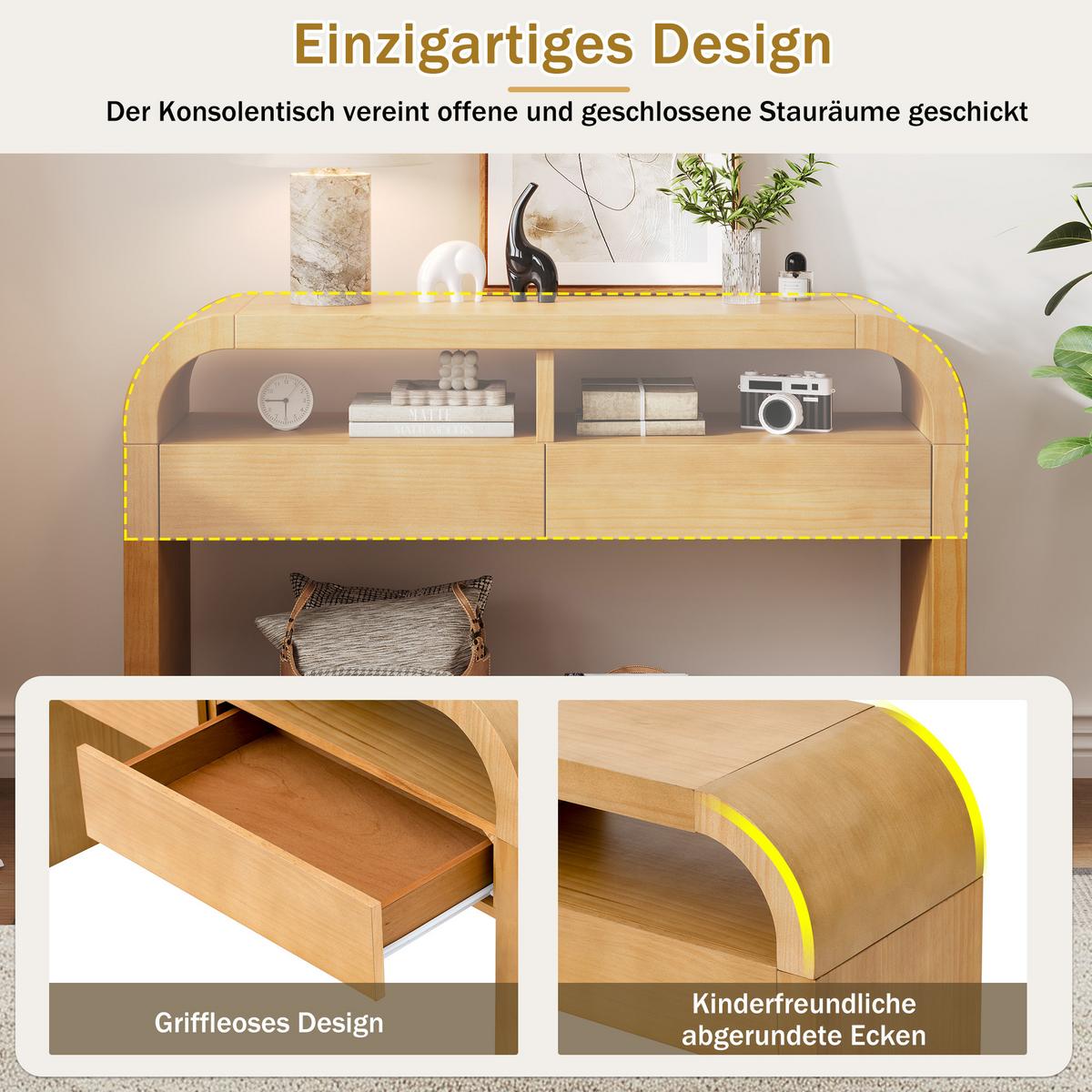 KONSOLENTISCH mdf in natur-holzoptik, geschwungene kanten & 2 schubladen - Naturfarben, Holzwerkstoff (35.5/120/76.5cm) - Urban Meuble