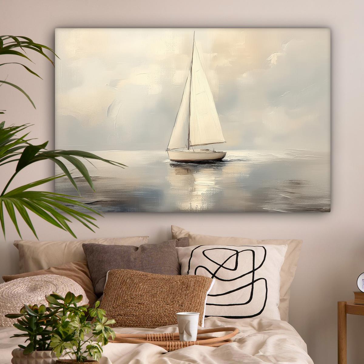 LEINWANDBILD Segelschiff - Meer - Bewölkt Wohnzimmer Groß 120x80 cm - Creme, Textil (120/80cm) - MuchoWow