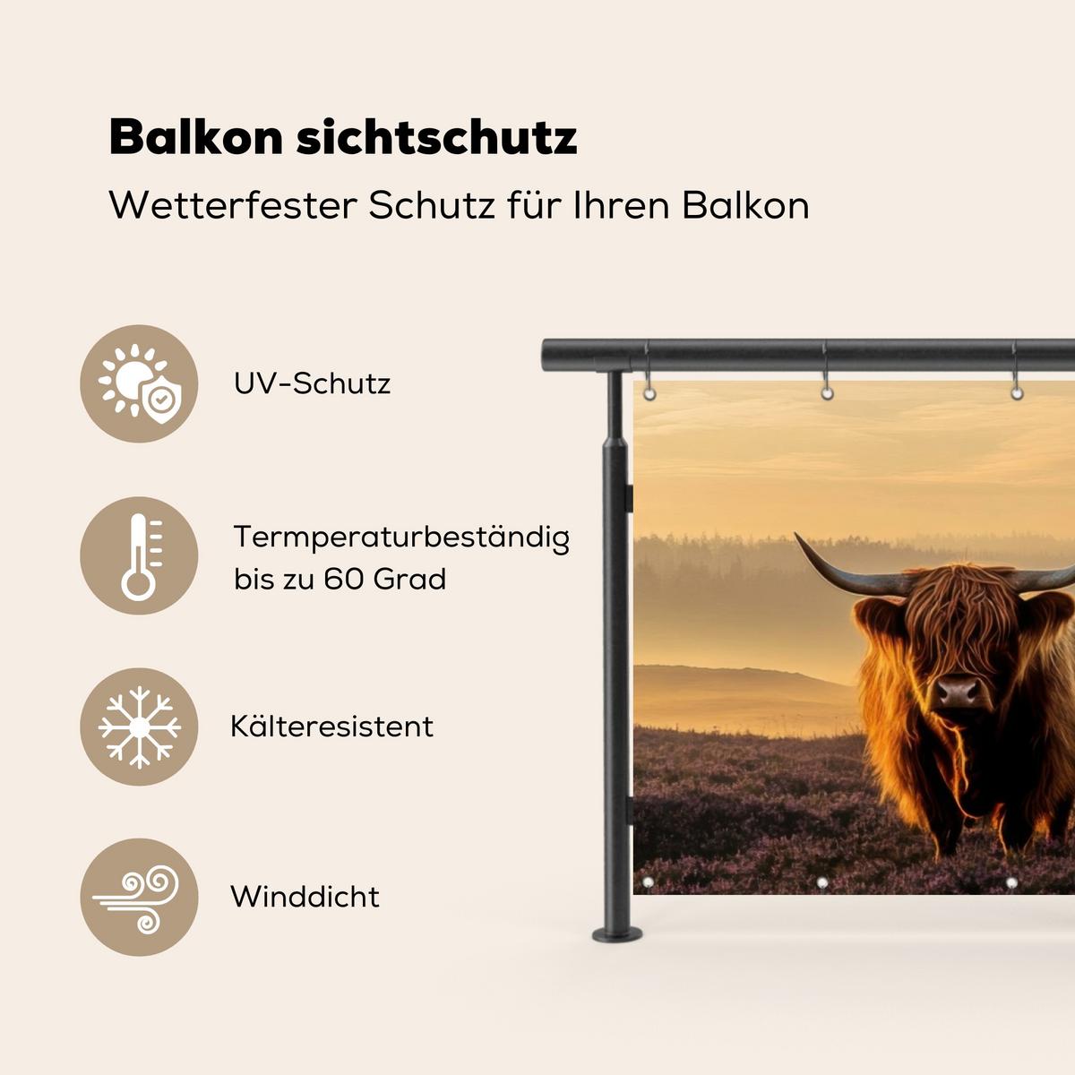 BALKON-SICHTSCHUTZ Schottische Hochlandbewohner - Heide - Landschaft - Tiere Windschutz 300x100 cm - Cognac, Kunststoff (300/100cm) - MuchoWow
