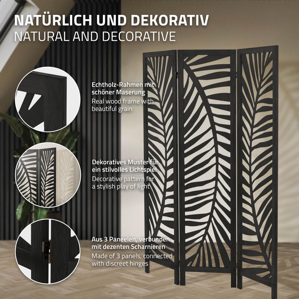 PARAVENT 3 teilig Fukuoka 170x121 cm Schwarz aus Holz - Schwarz, Holz (121/170/2cm) - ML-DESIGN