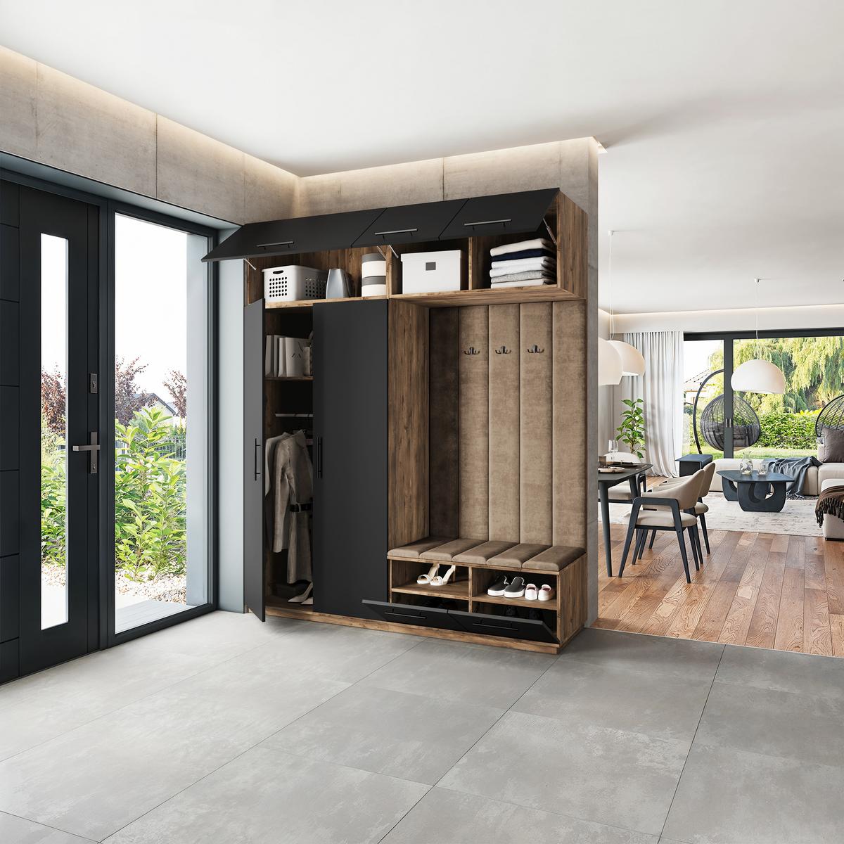 GARDEROBENSCHRANK REMA 200/240/60 cm Modern Garderobe-Set Eiche Lefkas - Eichefarben/Schwarz, Holzwerkstoff (200/240/60cm) - MASSENO