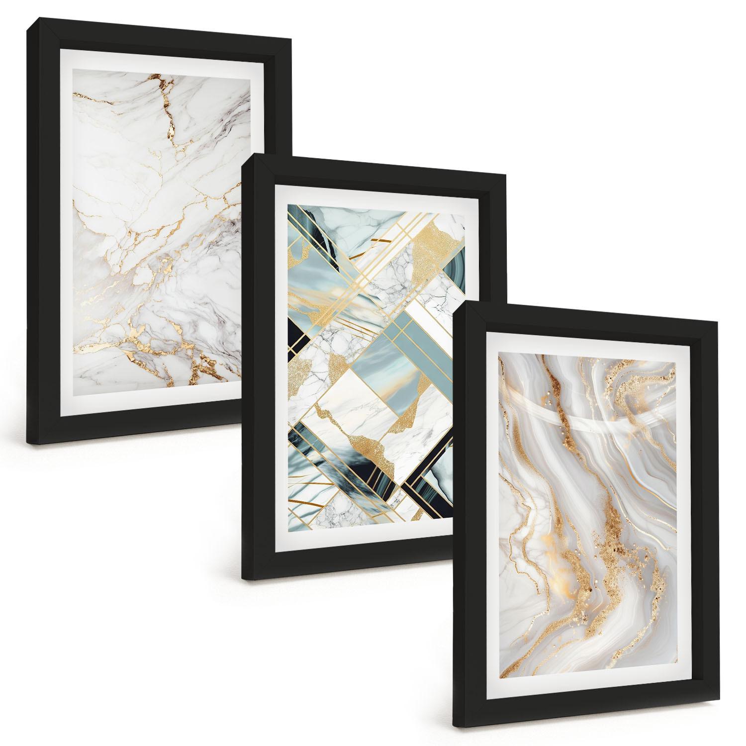 BILDER SET 3er Set - 20x30 cm Schwarzer Rahmen - Elegante Marmormuster - Schwarz, Kunststoff (20/30cm) - TULUP