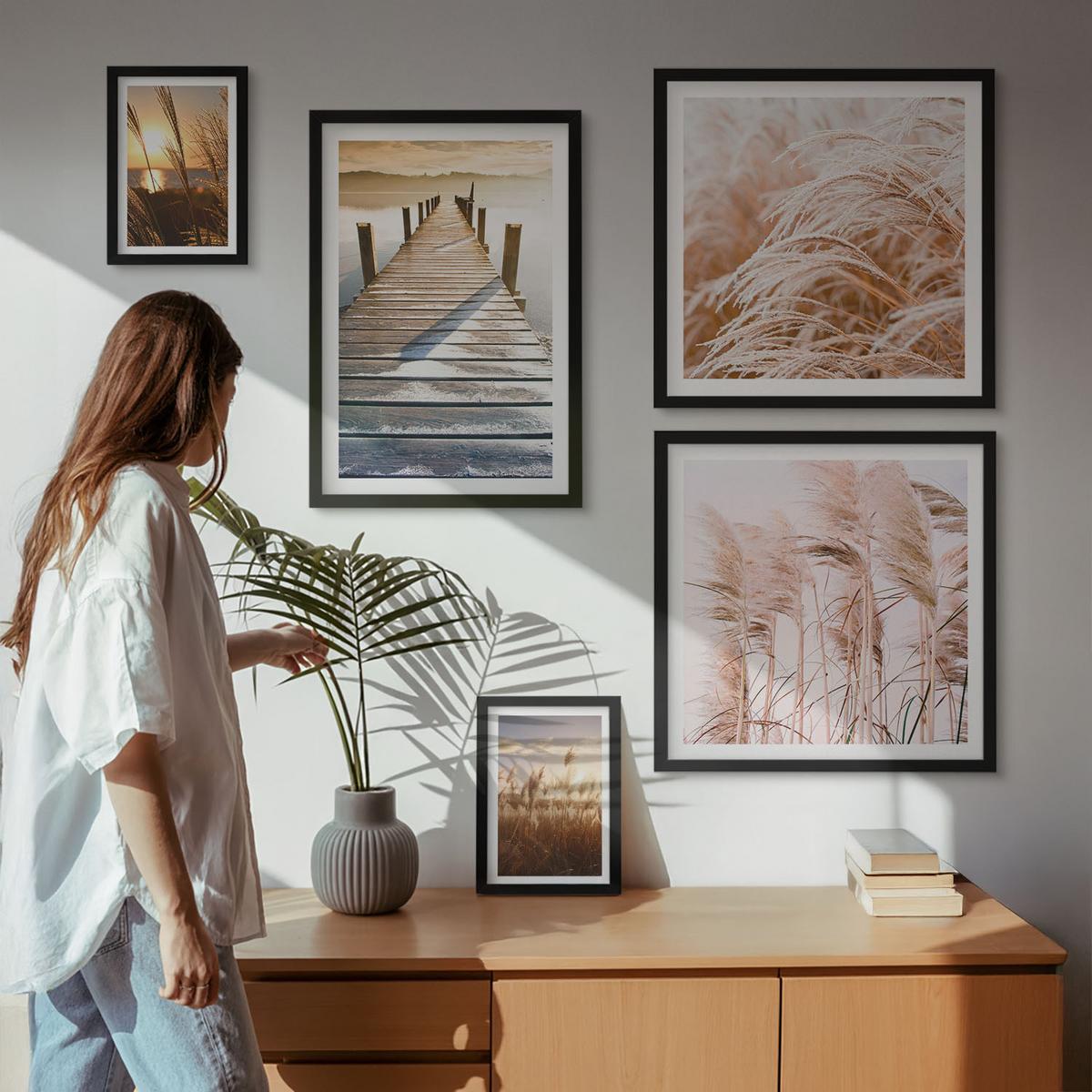 BILDER SET 5er Set - 50x50 cm & 20x30 cm & 40x60 cm Schwarzer Rahmen - Boho-Grasfeld-Sonnenuntergang - Schwarz, Kunststoff (40/60cm) - TULUP