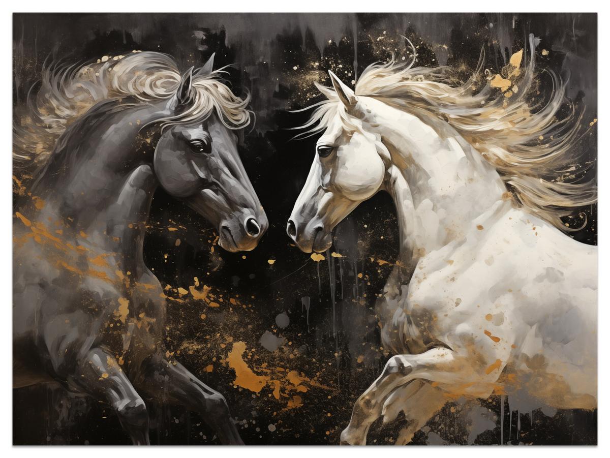 FOTOTAPETE für Büro Schwarz-Weiß Pferd Aquarell Goldakzente Eleganz 350x256 - Beige/Schwarz, Papier (350/256cm) - Muralo