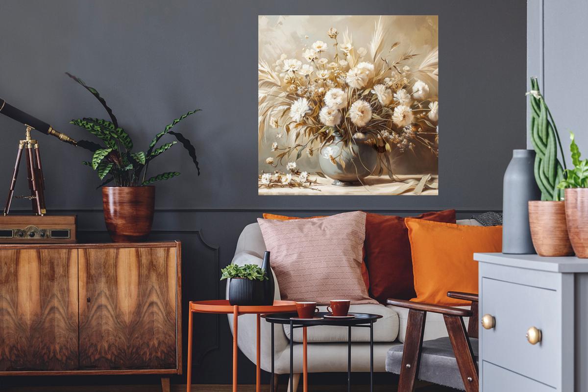 WANDTATTOO Blumen - Vase - Stilleben - Beige Wanddeko 50x50 cm - Creme, Kunststoff (50/50/0.1cm) - MuchoWow