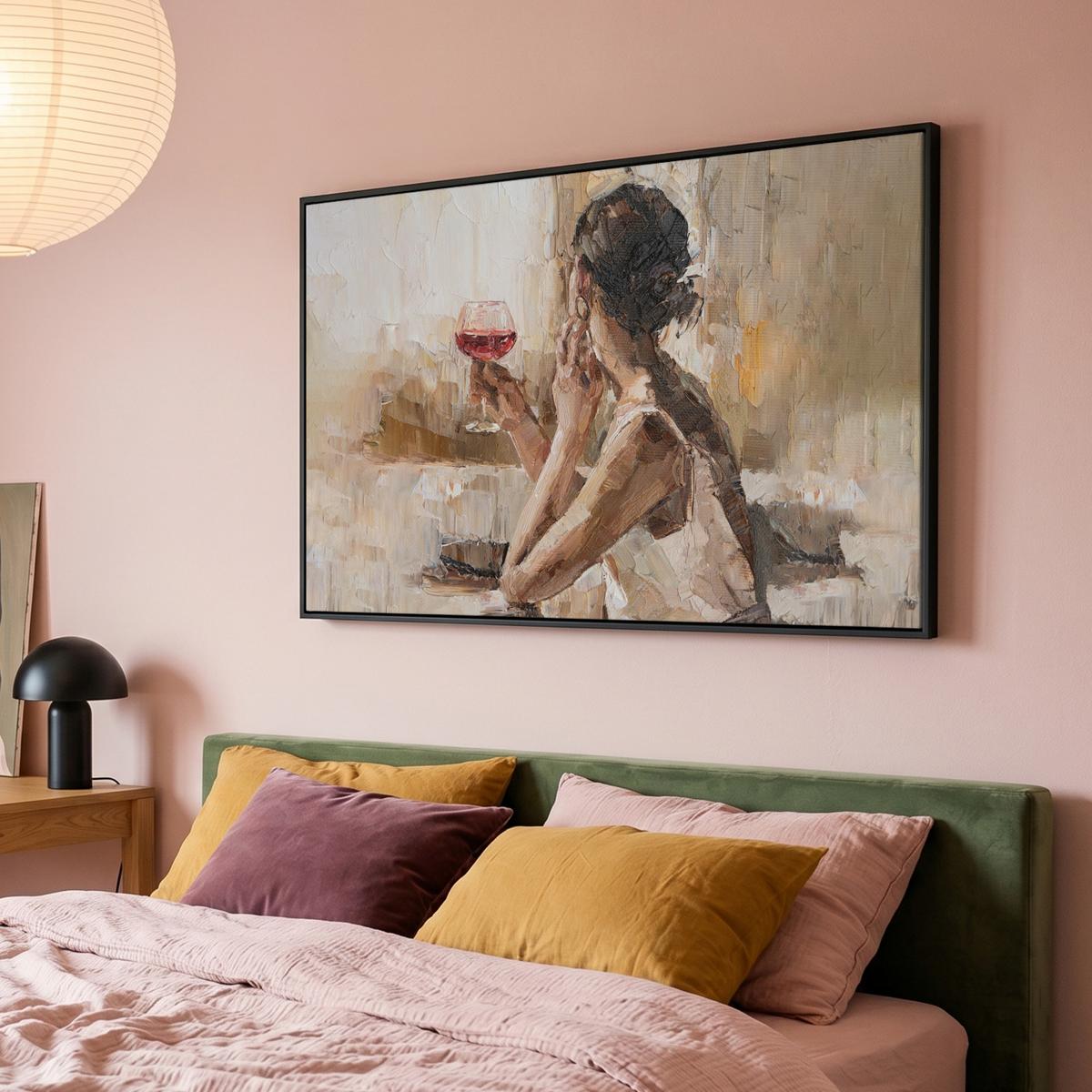 LEINWAND Bilder mit Rahmen - Ölgemälde - Frau - Wein - 140x90 - Hellbraun, Textil (140/90cm) - MuchoWow